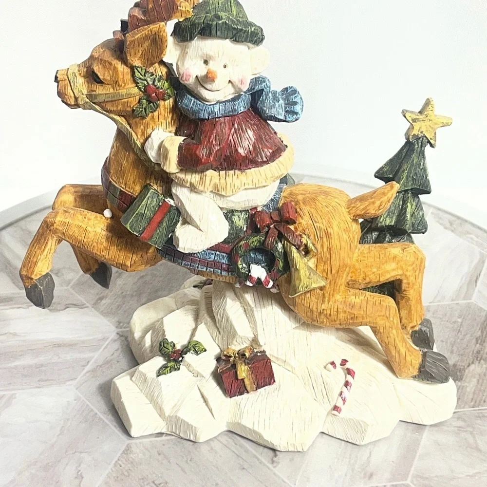 Hero Gift Snowman Riding Reindeer Christmas Figurine Folk Art Decor